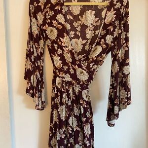 American Eagle Floral Wrap Dress in Brown and Cream